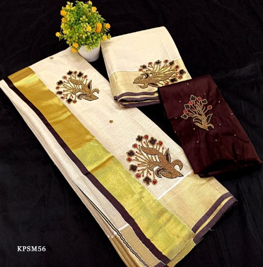 Kerala Tissue Set Mundu with Blouse Material / Indian traditional women clothing/ Handmade designs, Vishu Set Mundu