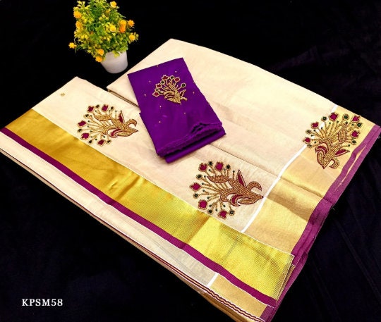 Kerala Tissue Set Mundu with Blouse Material / Indian traditional women clothing/ Handmade designs, Vishu Set Mundu