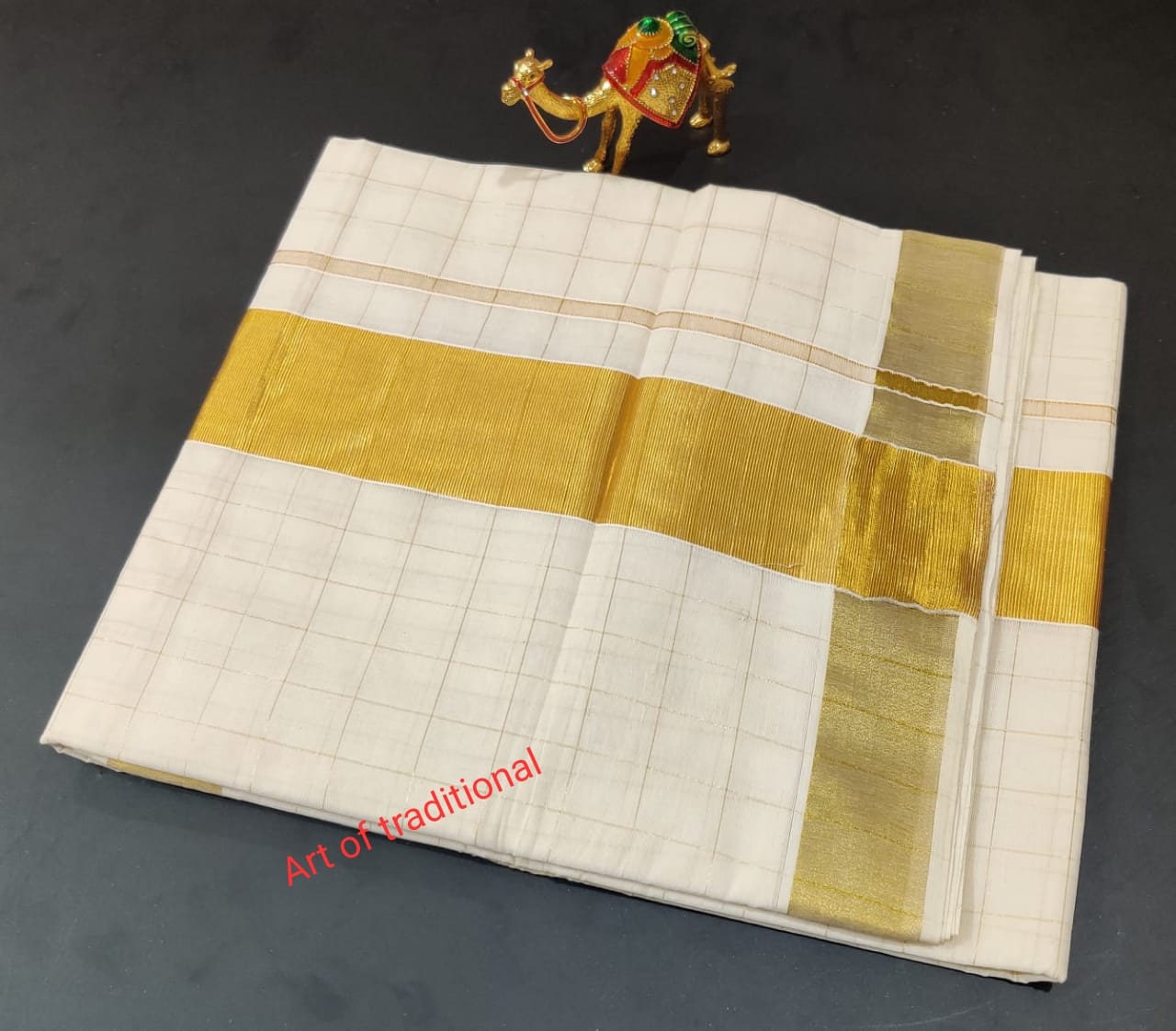 Kerala Traditional Golden Full check Cotton saree with stitched Blouse or Blouse Material / Onam Kasavu Saree/ Handmade/Traditional Onakodi