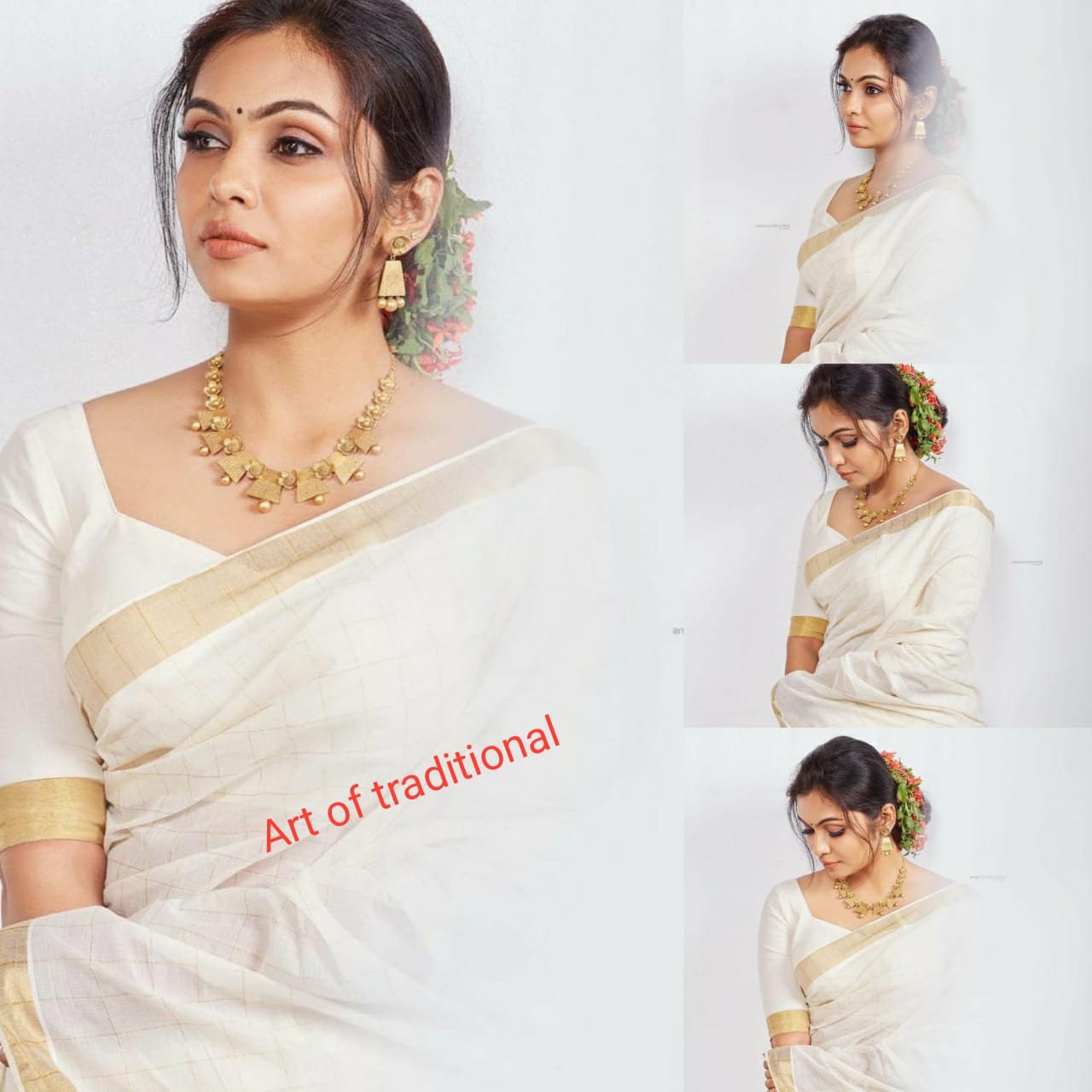 Kerala Traditional Golden Full check Cotton saree with stitched Blouse or Blouse Material / Onam Kasavu Saree/ Handmade/Traditional Onakodi