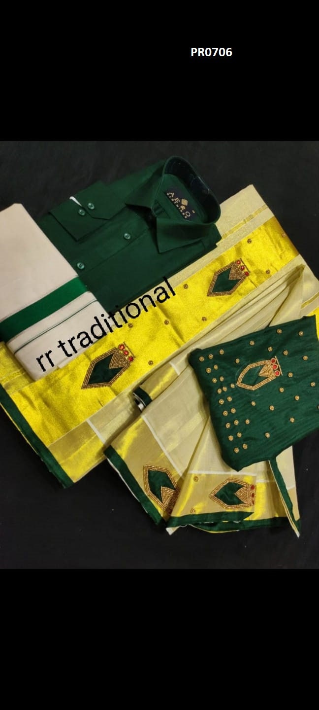 Tissue Hand work Set Mundu with Blouse Material and Men's Shirt Dhoti, Combo Pack, Onam, Vishu Set Mundu, Birth day, New year, Marriage