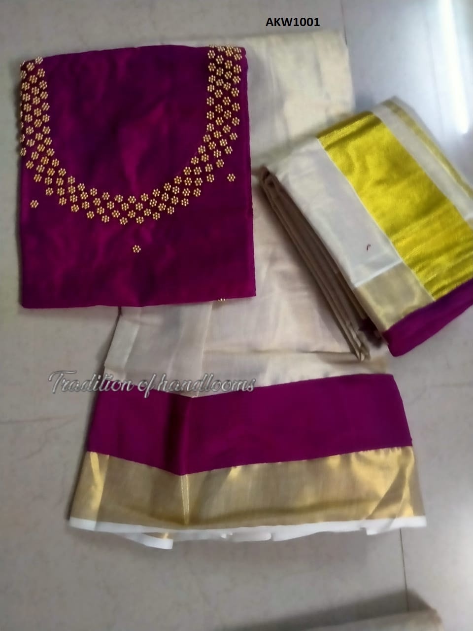 Kerala Golden Tissue Hand worked Davani Material, Skirt stitched and Blouse material / Stitched Blouse, Onam, Vishu Wear, Dhavani, Lehanka
