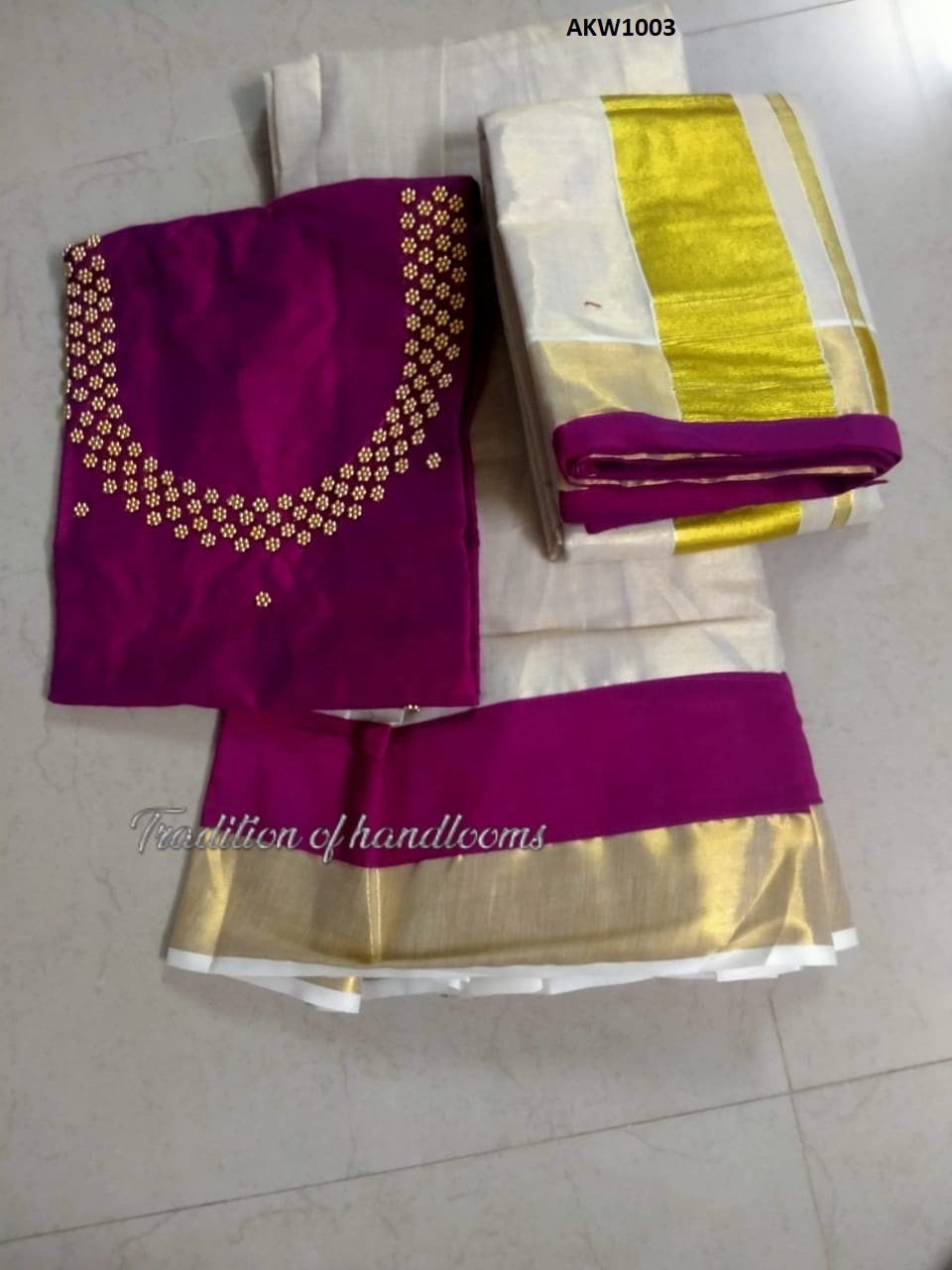 Kerala Golden Tissue Hand worked Davani Material, Skirt stitched and Blouse material / Stitched Blouse, Onam, Vishu Wear, Dhavani, Lehanka