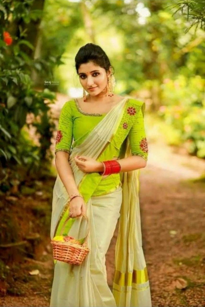 Kerala Tissue Kunjalam Tulasi Printed Set Saree Stitched Blouse Indi Indian Spices and Handicrafts Online Fortune Traders