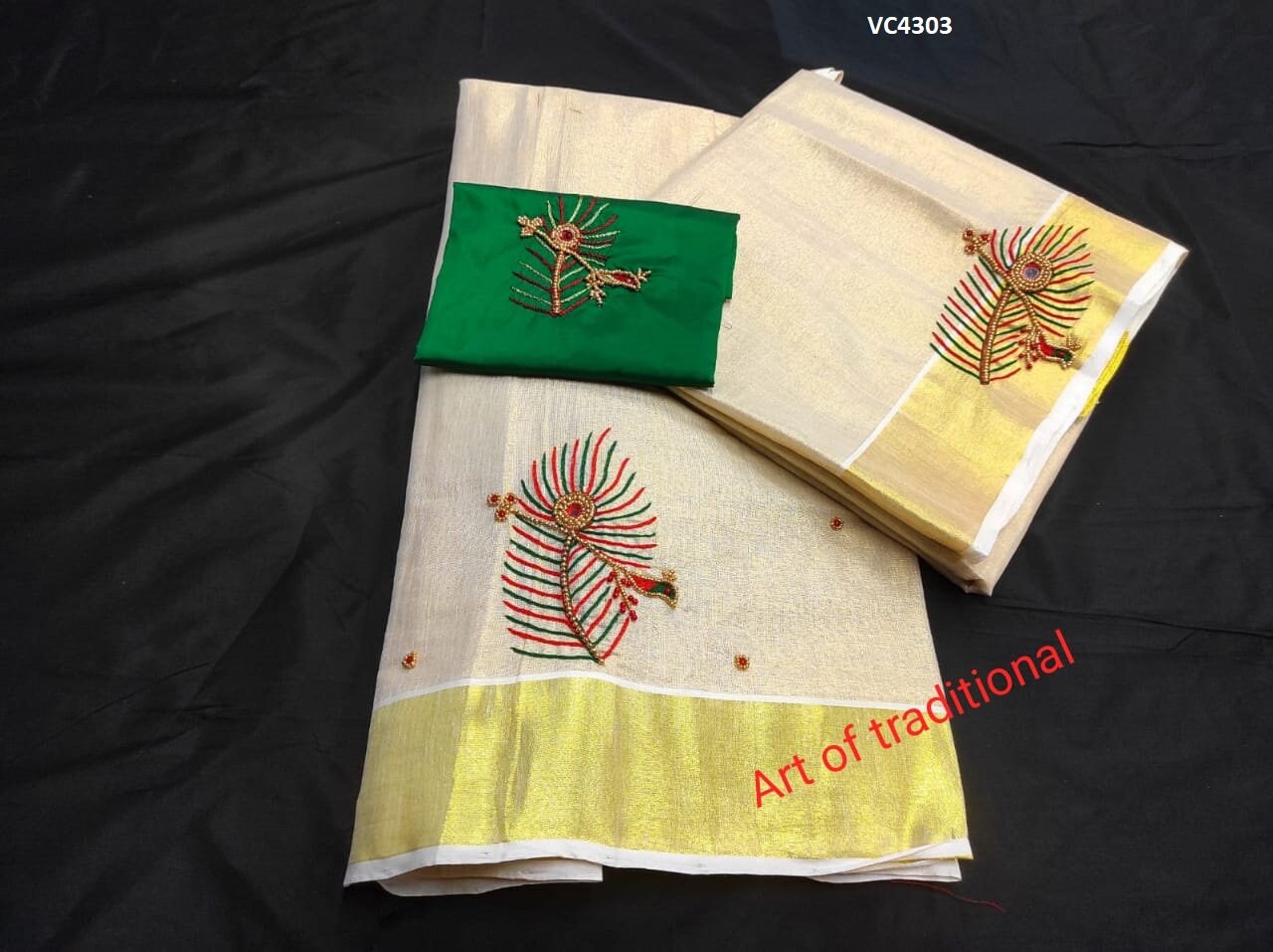 Kerala Golden Tissue Aari worked Dhavaniset with Stitched Blouse or Blouse material,Onam, Christmas,Birthday,Festival