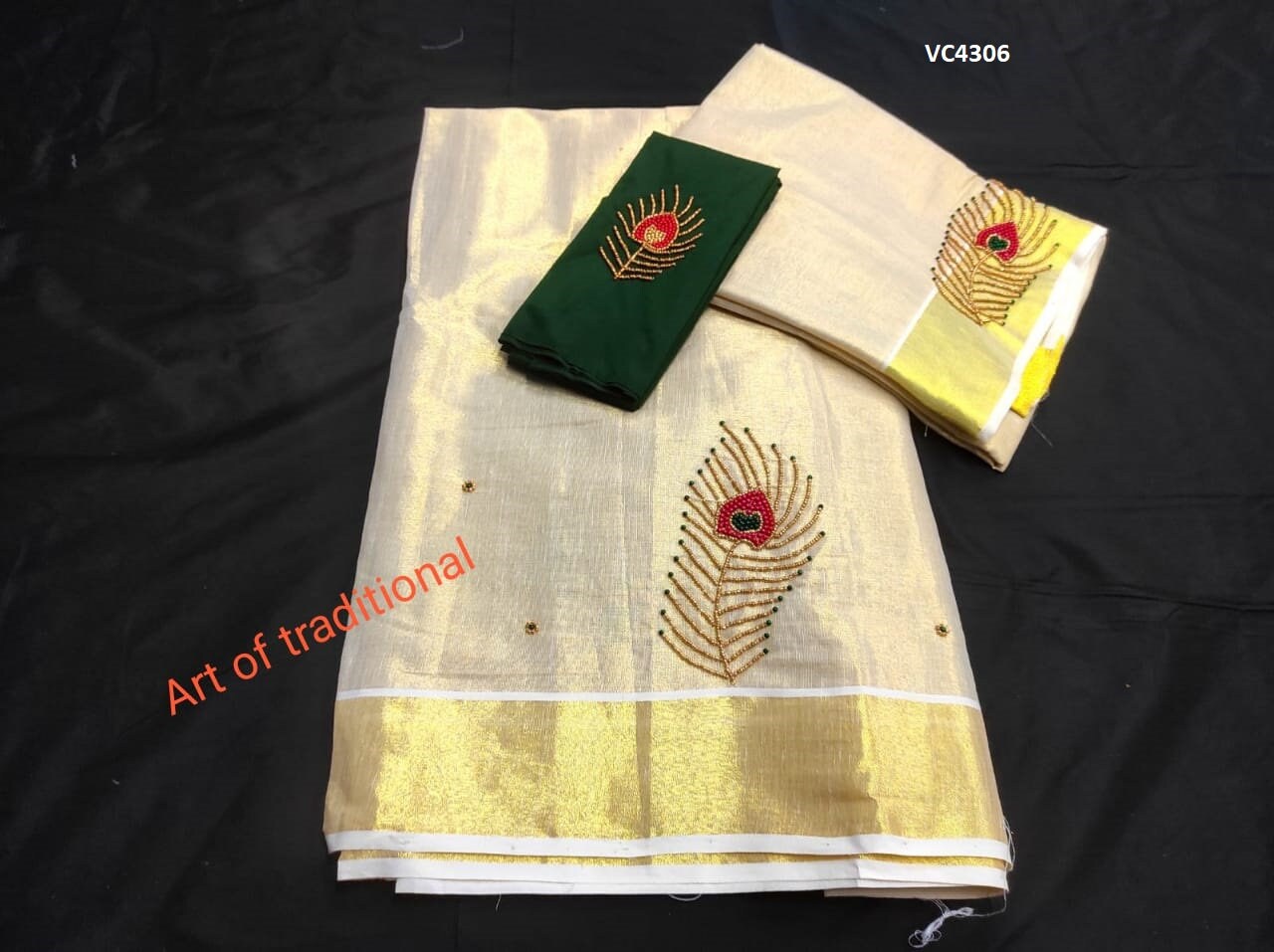 Kerala Golden Tissue Aari worked Dhavaniset with Stitched Blouse or Blouse material,Onam, Christmas,Birthday,Festival