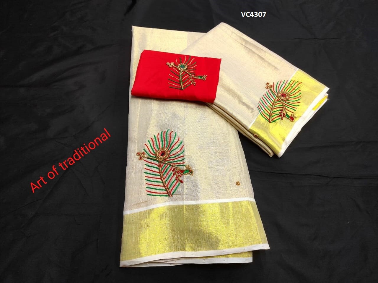 Kerala Golden Tissue Aari worked Dhavaniset with Stitched Blouse or Blouse material,Onam, Christmas,Birthday,Festival