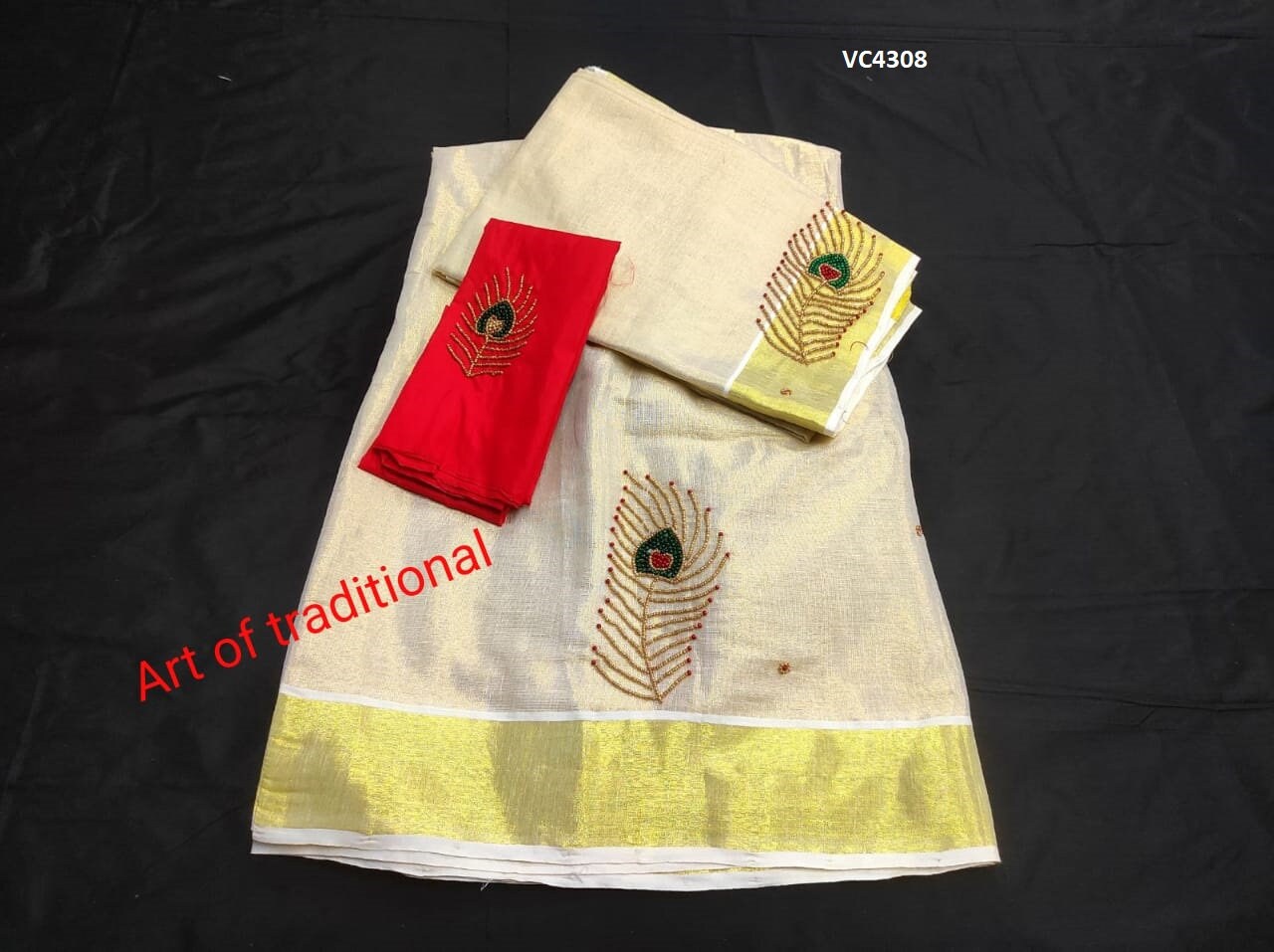 Kerala Golden Tissue Aari worked Dhavaniset with Stitched Blouse or Blouse material,Onam, Christmas,Birthday,Festival