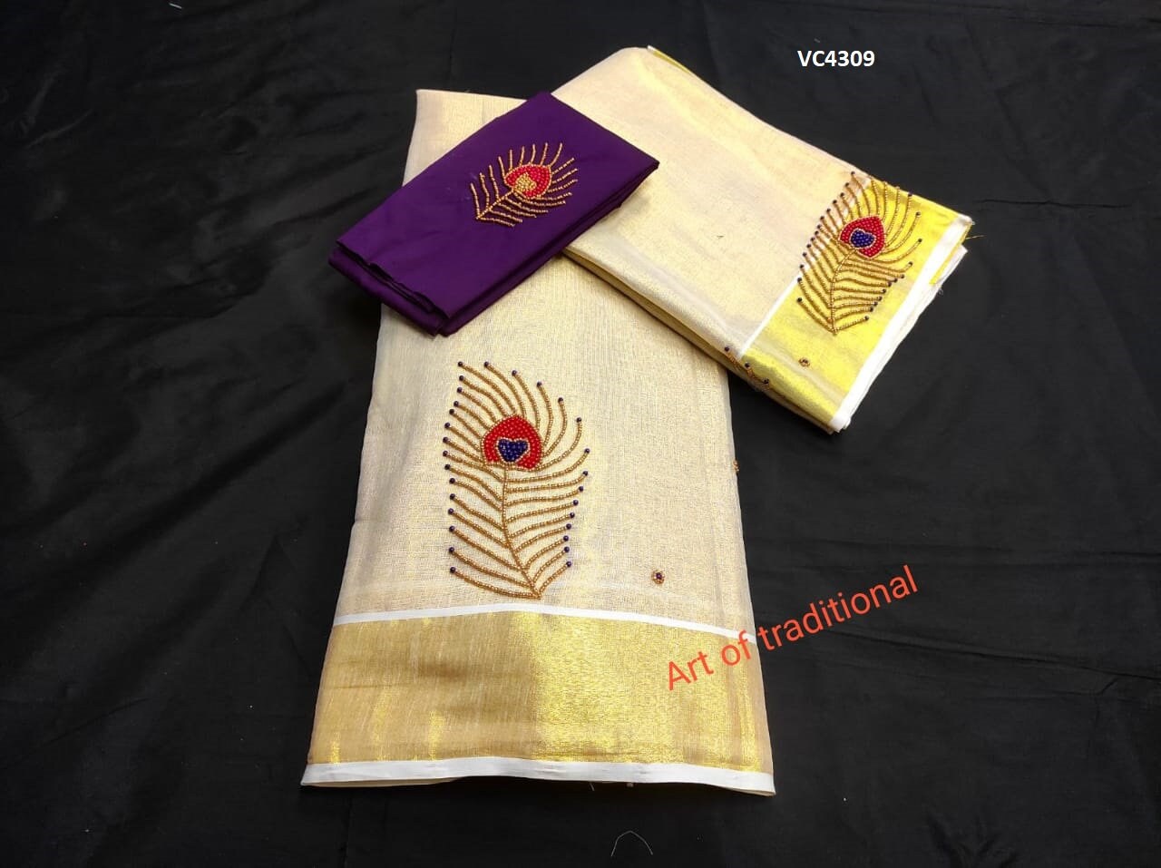 Kerala Golden Tissue Aari worked Dhavaniset with Stitched Blouse or Blouse material,Onam, Christmas,Birthday,Festival