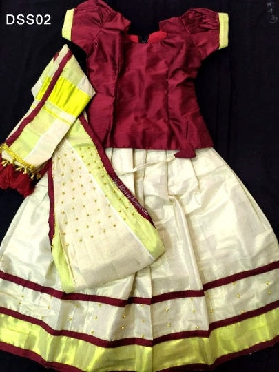Kerala Tissue Davani Skirt Stitched Free Size for girls / Davani Set/ Traditional Girls Clothing / Handmade Designs