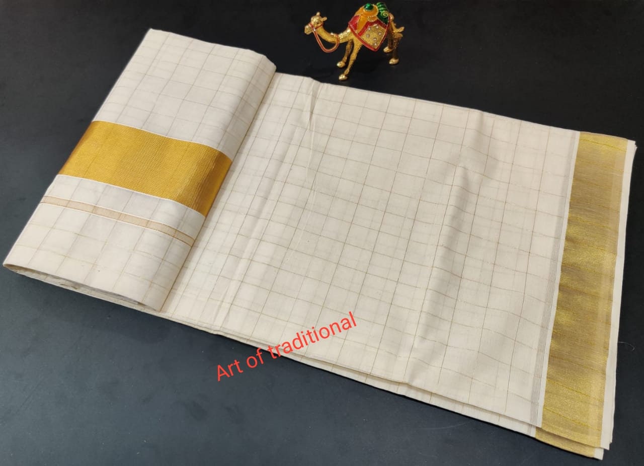 Kerala Traditional Golden Full check Cotton saree with stitched Blouse or Blouse Material / Onam Kasavu Saree/ Handmade/Traditional Onakodi