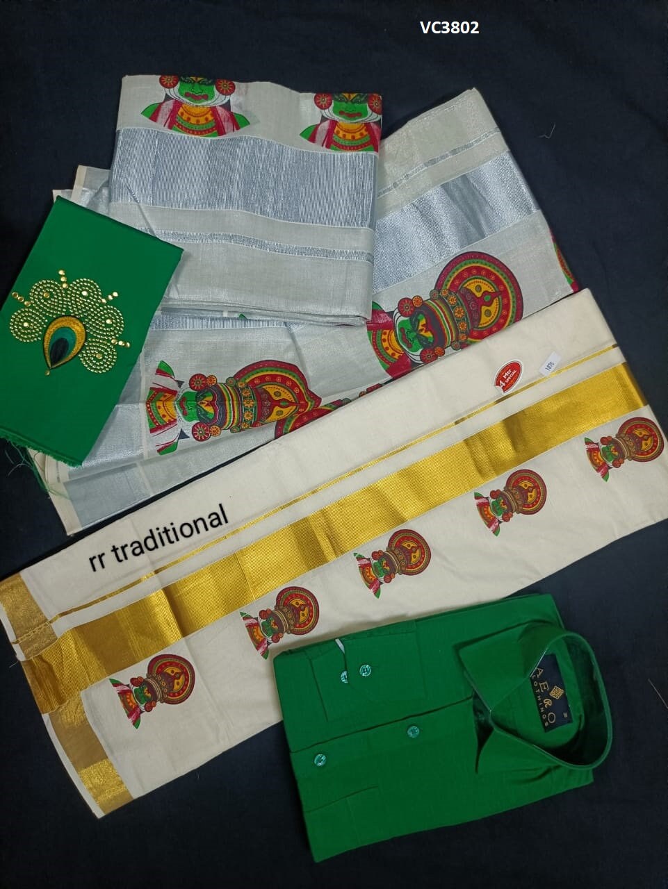Gold or Silver Tissue Mural print Set Mundu with Men's Shirt Dhoti Combo, Onam, Vishu, Pooja, Birth day, Marriage, Kerala Onam Dress