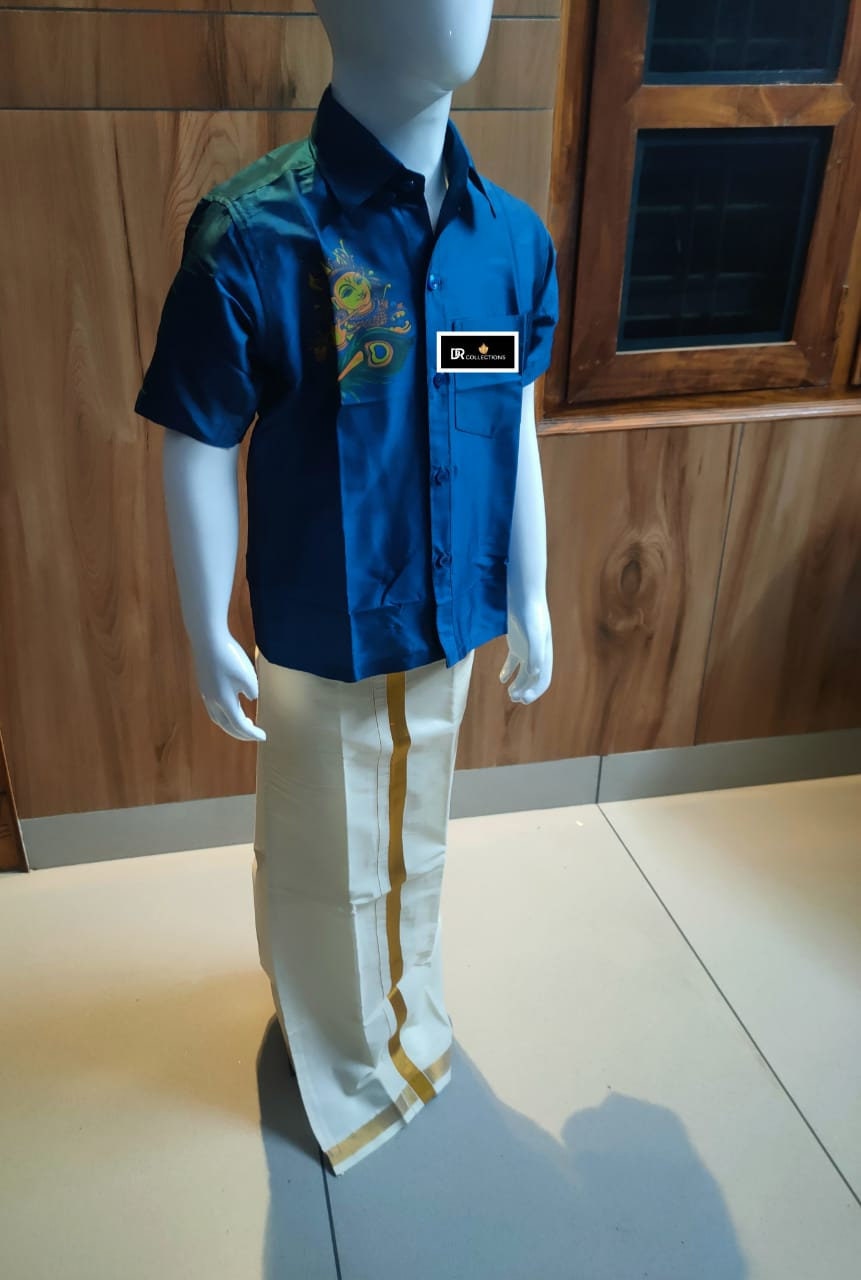 Mural Printed Shirt with Dhothi for boys 1- 10 yrs / Handmade designs, Onam, Vishu, Birthday, Marriage, Festival occasions