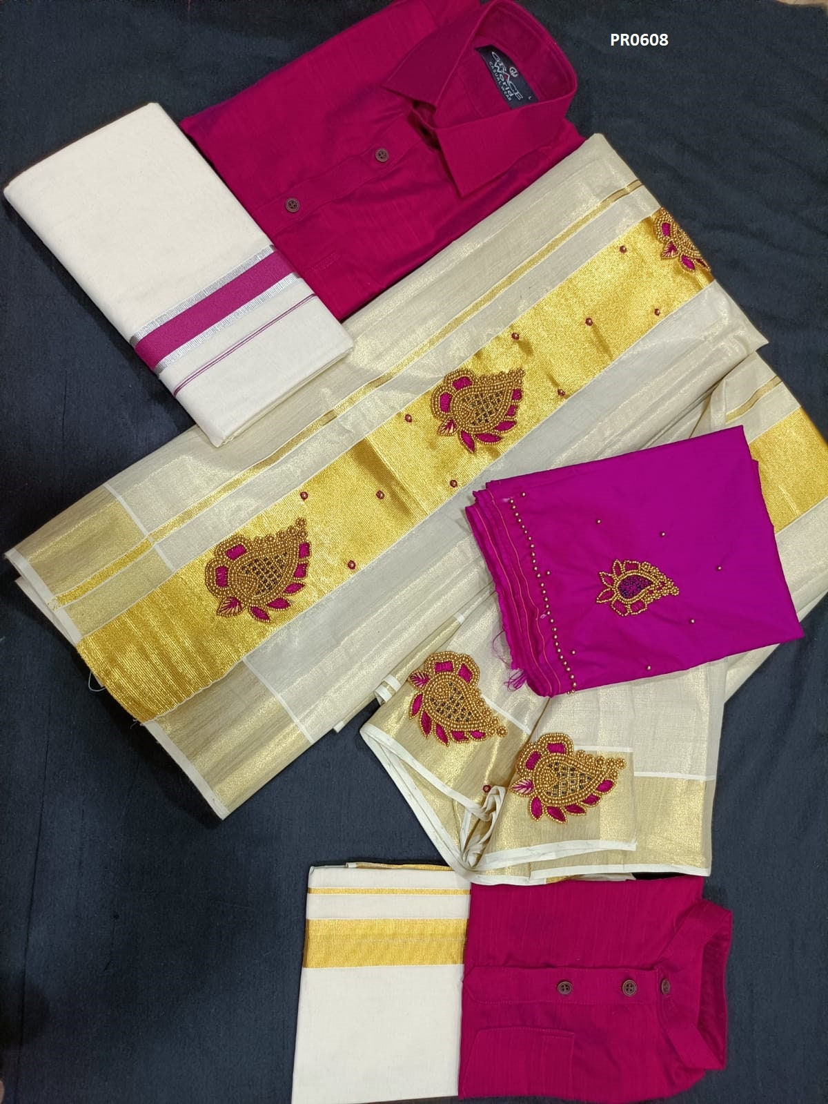 Kerala Golden Tissue hand worked Set Mundu / Set saree with Men's Shirt Dhoti Combo, Onam, Vishu, Pooja, Birth day, Marriage, Onam Special