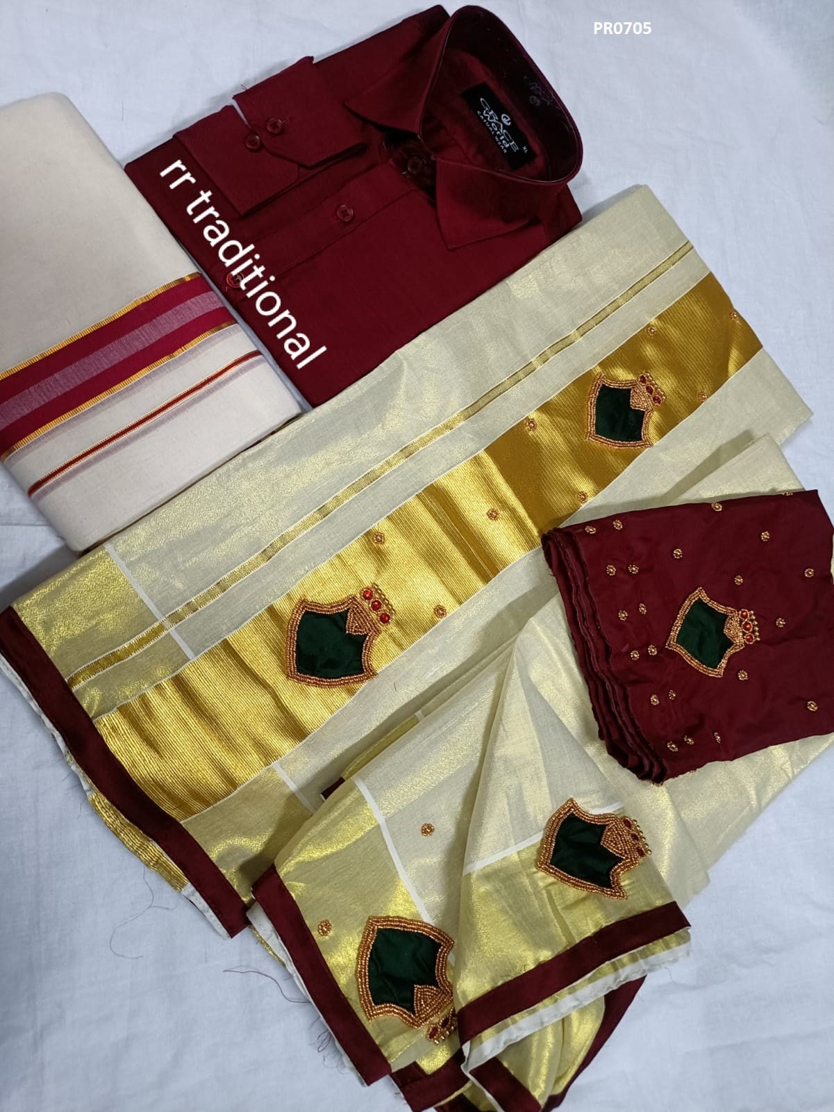Tissue Hand work Set Mundu with Blouse Material and Men's Shirt Dhoti, Combo Pack, Onam, Vishu Set Mundu, Birth day, New year, Marriage