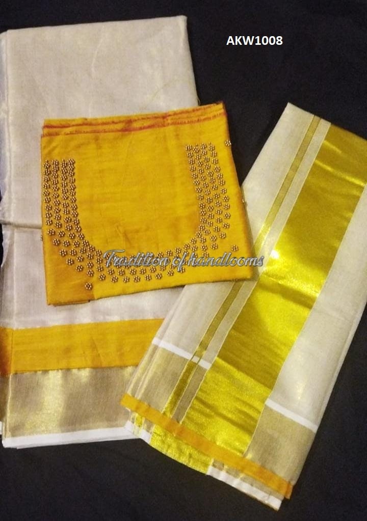 Kerala Golden Tissue Hand worked Davani Material, Skirt stitched and Blouse material / Stitched Blouse, Onam, Vishu Wear, Dhavani, Lehanka