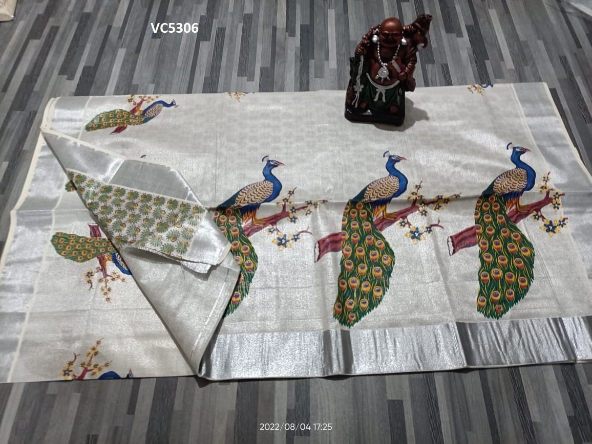 Kerala Silver Tissue Printed Saree, Indian Traditional Clothing, Handmade designs, Kerala traditional, Onam Vishu Special Dress, Festival