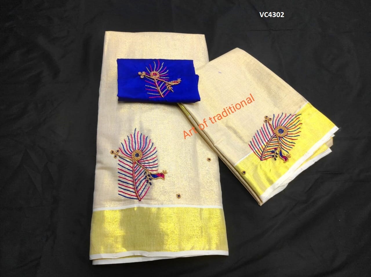 Kerala Golden Tissue Aari worked Dhavaniset with Stitched Blouse or Blouse material,Onam, Christmas,Birthday,Festival