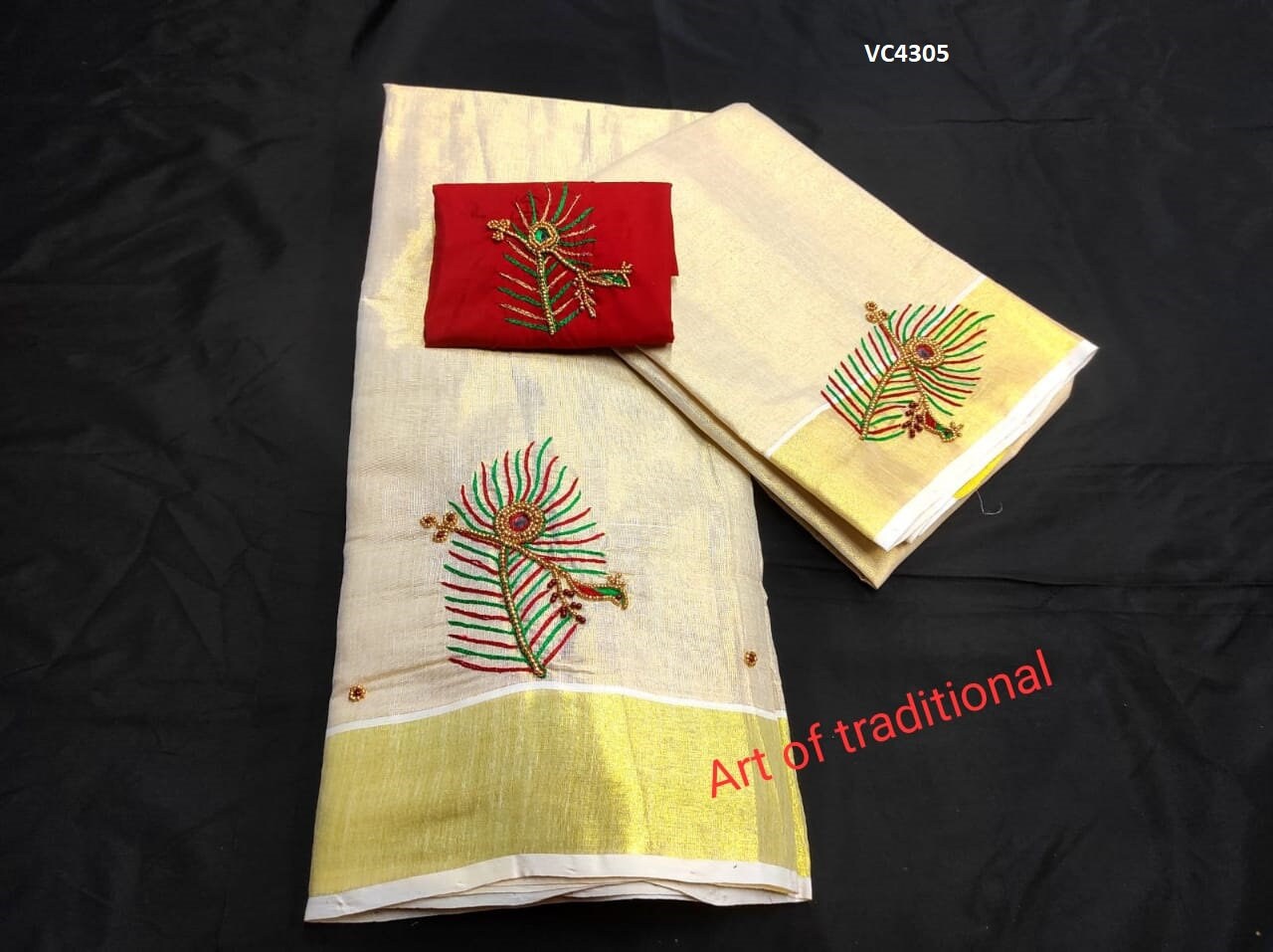 Kerala Golden Tissue Aari worked Dhavaniset with Stitched Blouse or Blouse material,Onam, Christmas,Birthday,Festival