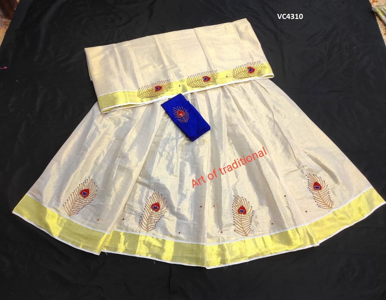 Kerala Golden Tissue Aari worked Dhavaniset with Stitched Blouse or Blouse material,Onam, Christmas,Birthday,Festival