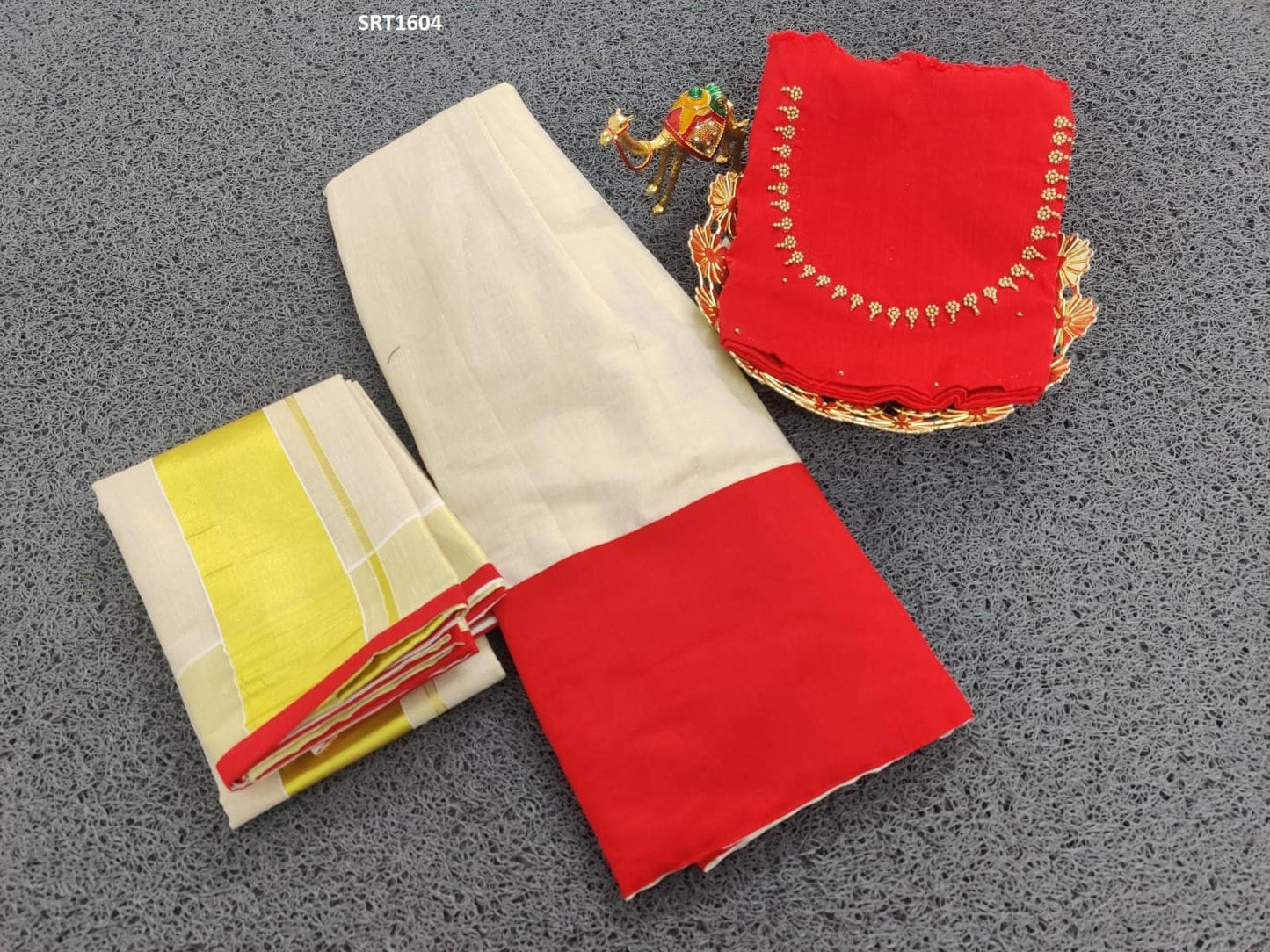 Kerala Golden Tissue Neck worked Dhavani Lehanka Material ,Skirt stitched and Blouse material or Stitched Blouse,Traditional, Christmas