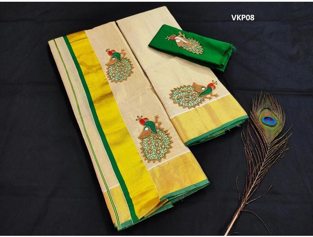 Premium Quality Kerala Golden Tissue Set Mundu with Blouse Material / Indian traditional women clothing/ Handmade designs/Vishu Onam wear