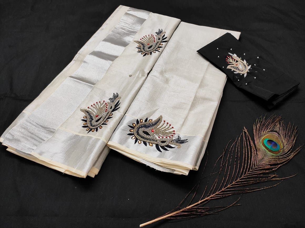 Premium Quality Kerala Silver Tissue Set Mundu with Blouse Material / Indian traditional women clothing/ Handmade designs/Vishu Onam wear