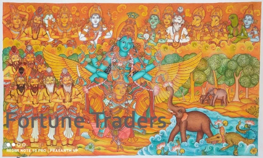 Kerala Original Mural Painting Gajendra Moksham Artwork, Canvas Rolled, Wall Decor