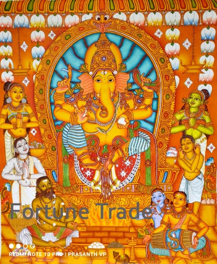 Kerala Original Mural Painting Ganesh Pooja Artwork, Canvas Rolled, Wall Decor