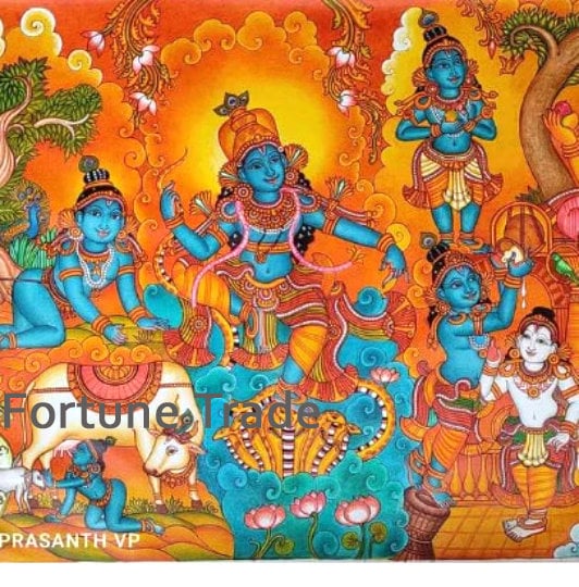 Kerala Original Mural Painting Krishnaleela, Artwork, Canvas Rolled, Wall Decor