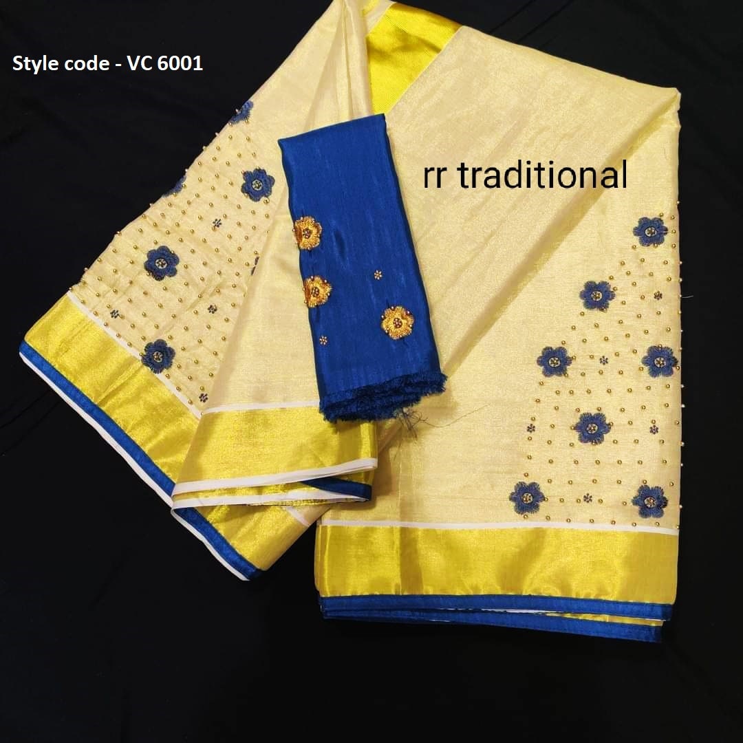 Kerala golden tissue Embroidery saree with Blouse material or ready to wear blouse Kerala, Onam, Vishu,Birthday