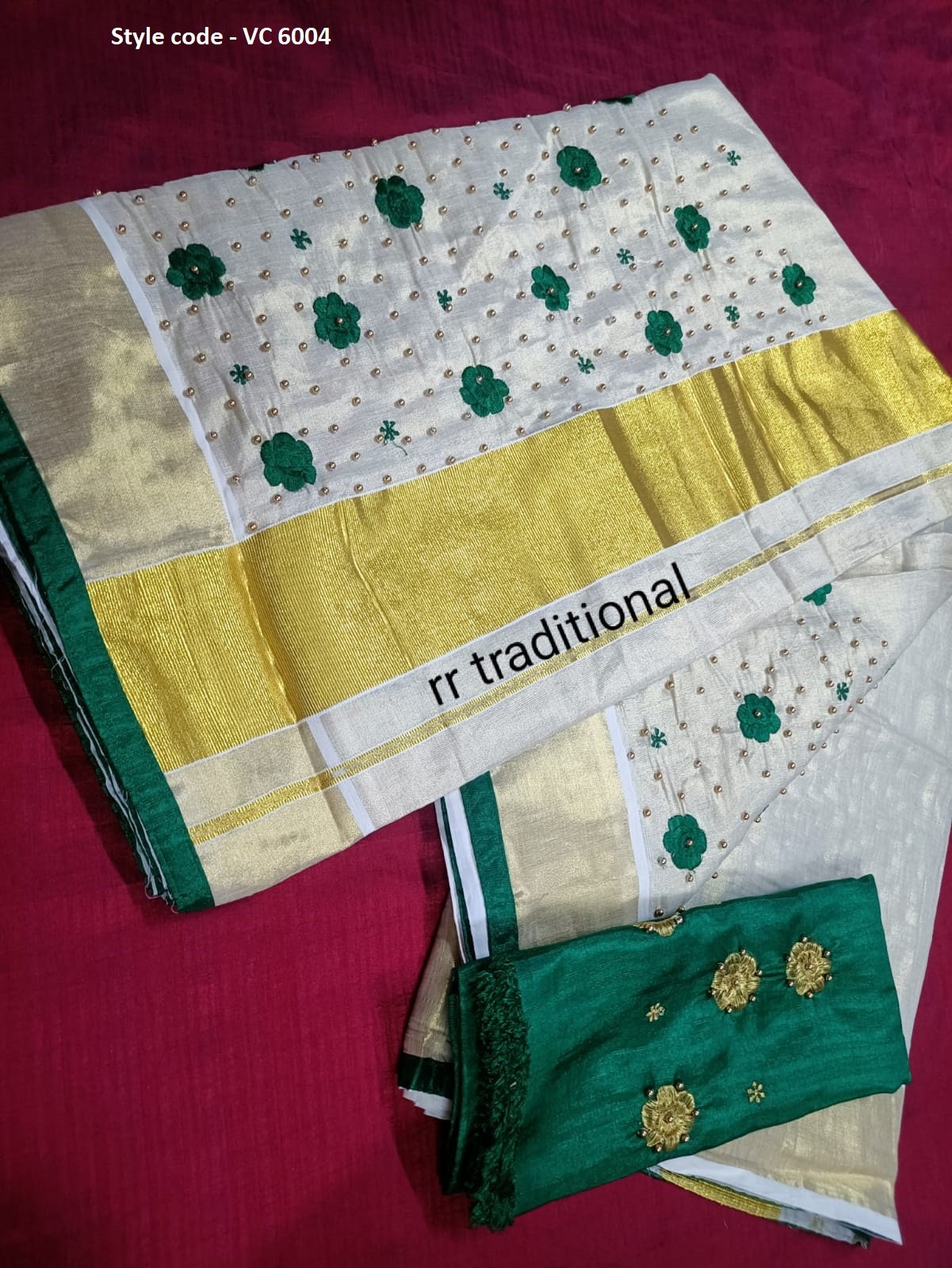 Kerala golden tissue Embroidery saree with Blouse material or ready to wear blouse Kerala, Onam, Vishu,Birthday