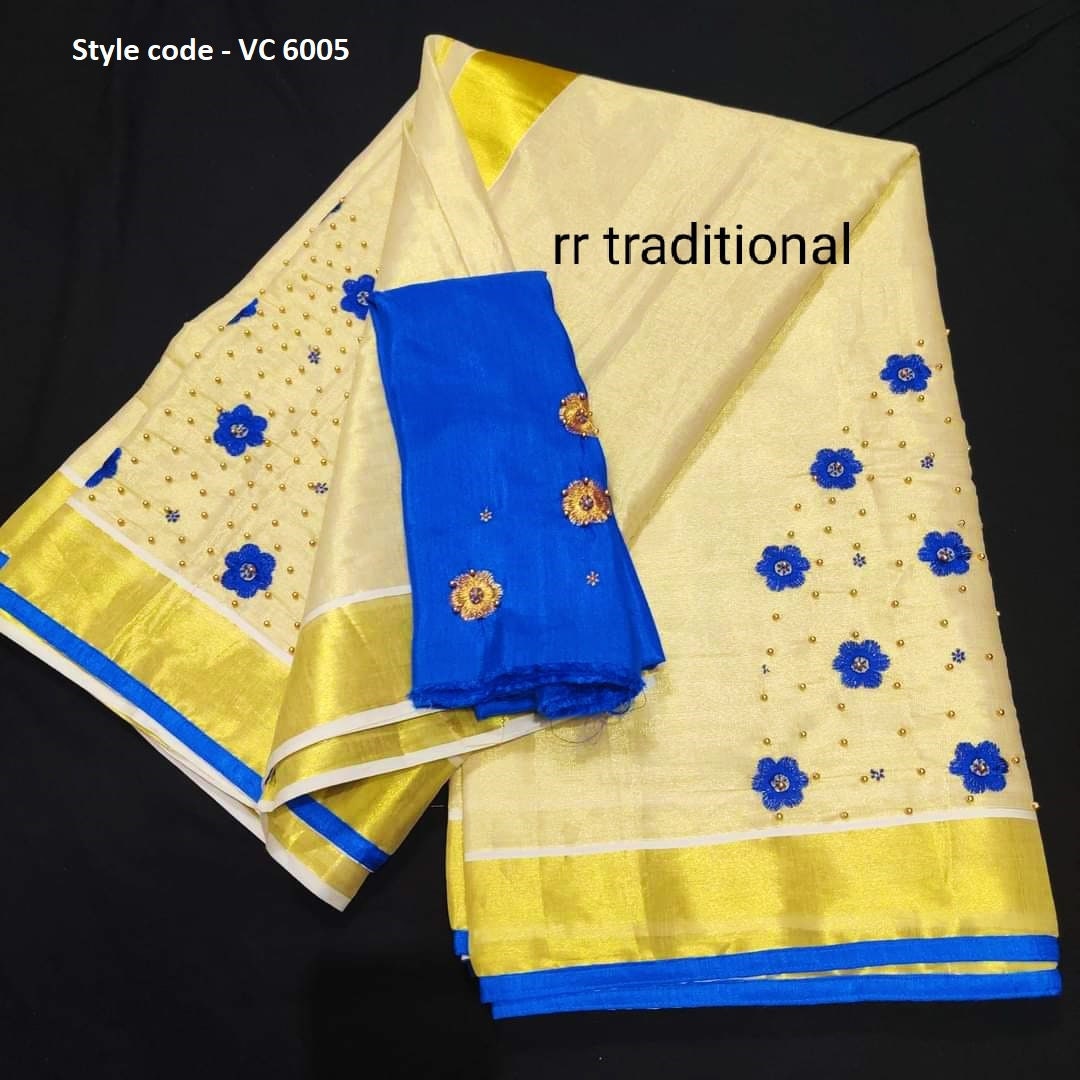 Kerala golden tissue Embroidery saree with Blouse material or ready to wear blouse Kerala, Onam, Vishu,Birthday
