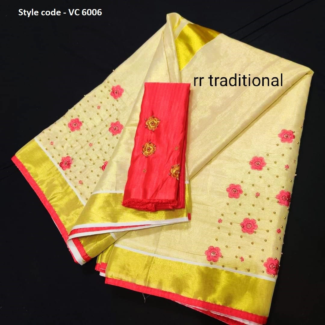 Kerala golden tissue Embroidery saree with Blouse material or ready to wear blouse Kerala, Onam, Vishu,Birthday