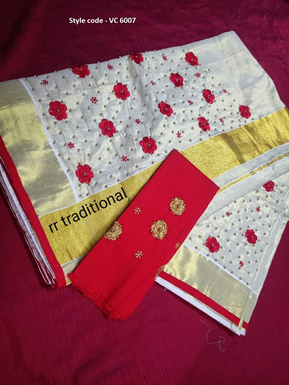 Kerala golden tissue Embroidery saree with Blouse material or ready to wear blouse Kerala, Onam, Vishu,Birthday