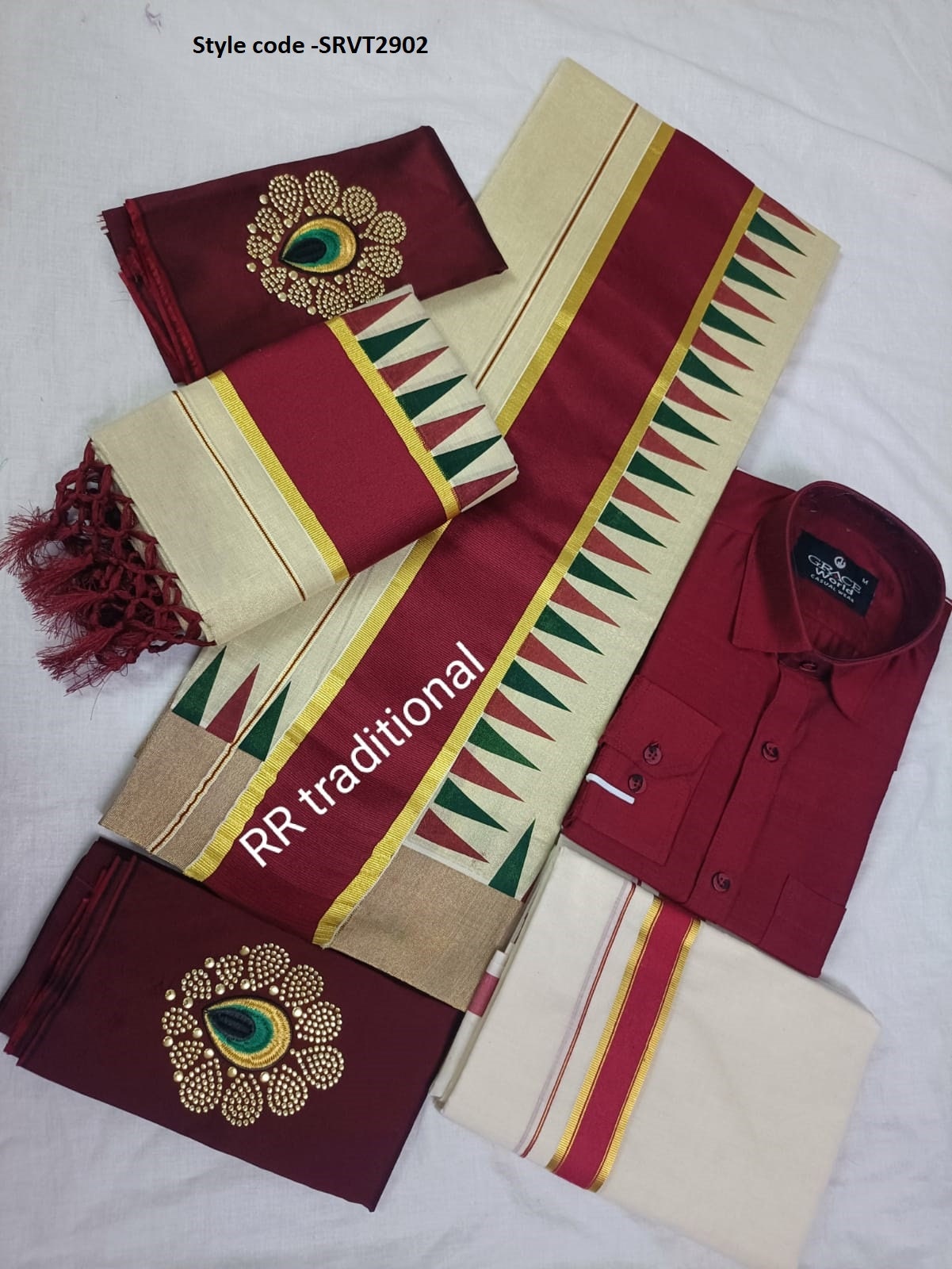 Golden Tissue Double color Temple print set mundu with Blouse material or ready to wear blouse and Shirt Dhoti Combo ,Kerala, Onam,Birthday
