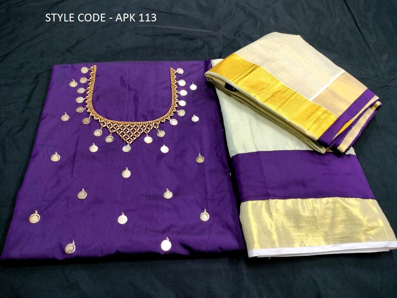 Kerala Golden Tissue Neck worked Dhavani / Lehanka Material ,Skirt stitched and Blouse material or Stitched Blouse, Kerala Tradition, Onam