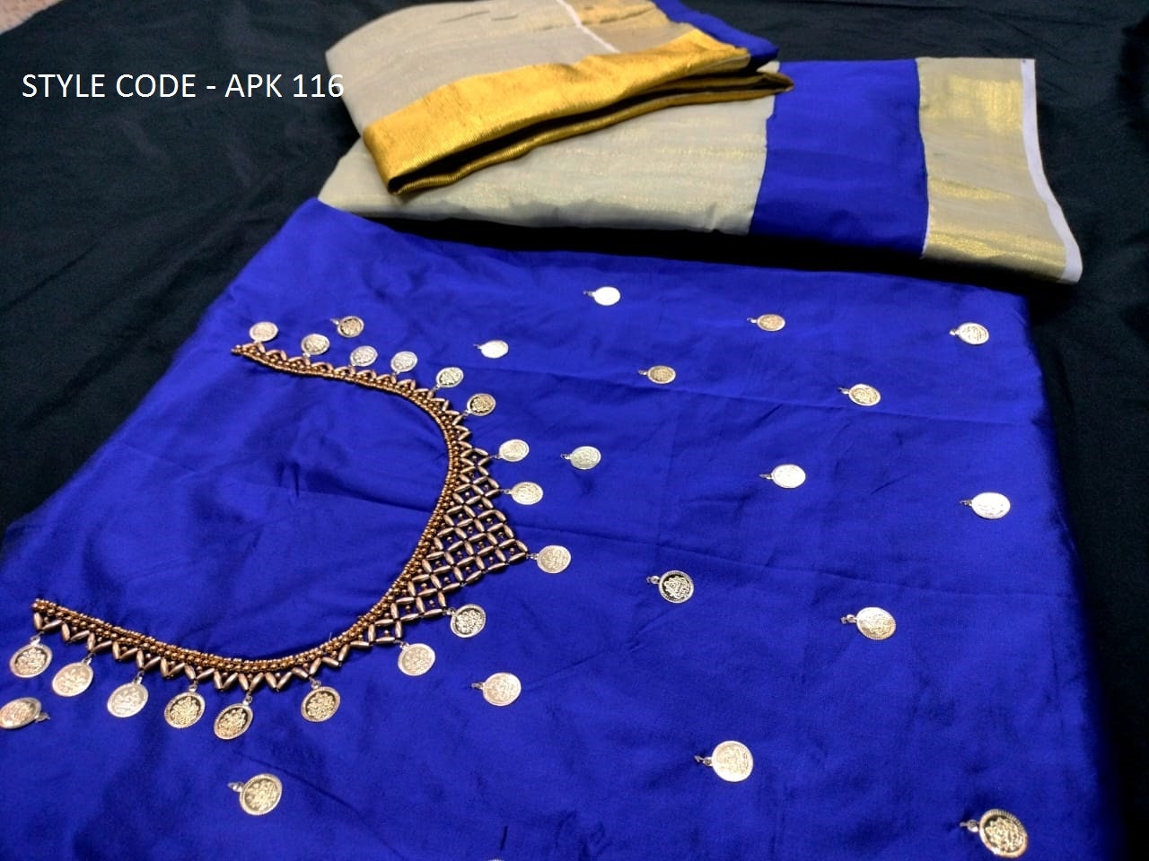 Kerala Golden Tissue Neck worked Dhavani / Lehanka Material ,Skirt stitched and Blouse material or Stitched Blouse, Kerala Tradition, Onam