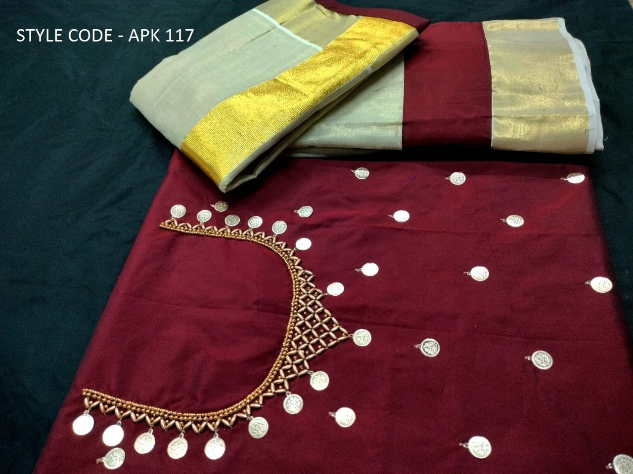 Kerala Golden Tissue Neck worked Dhavani / Lehanka Material ,Skirt stitched and Blouse material or Stitched Blouse, Kerala Tradition, Onam