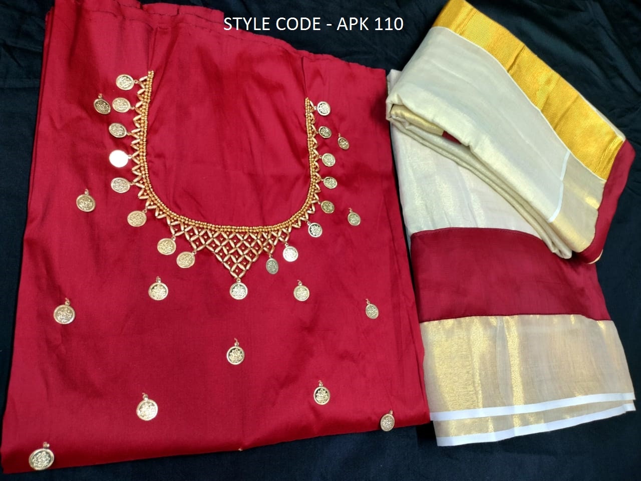 Kerala Golden Tissue Neck worked Dhavani / Lehanka Material ,Skirt stitched and Blouse material or Stitched Blouse, Kerala Tradition, Onam