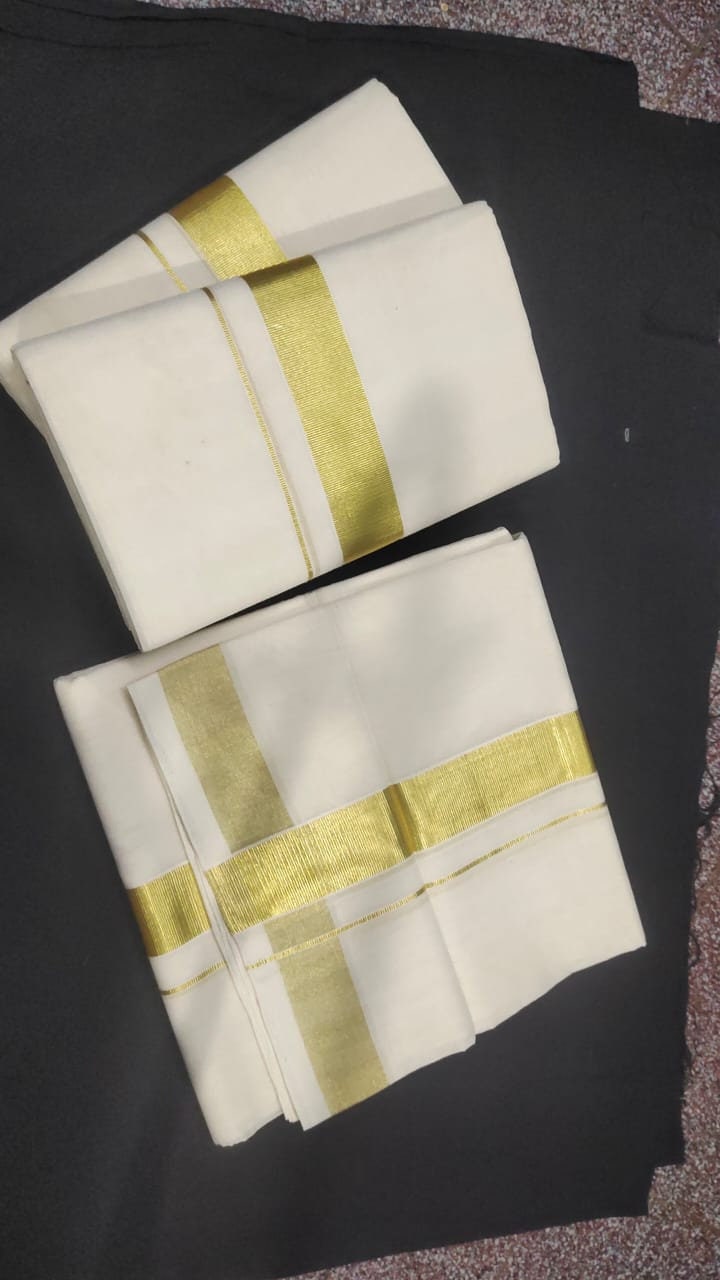 Kerala Men's Kasavu Dhothi/Vesti/Mundu double, Original Hand loom 1.5" Kara/ boarder, Kasavu Mundu, Onam Vishu Special Mundu, Veshti