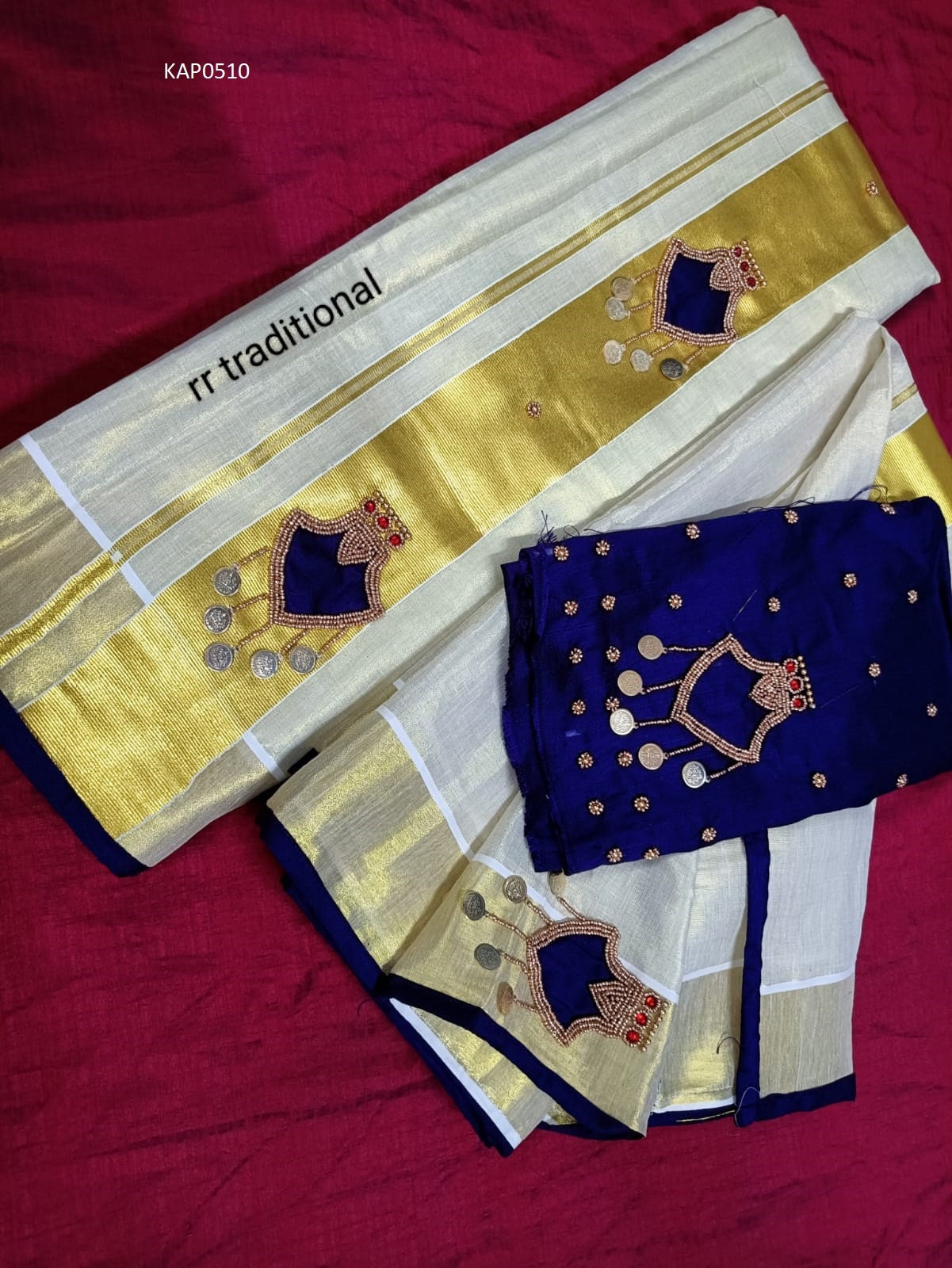 Kerala Lakshmi Coin Palakka Design Set Mundu with Stitched Blouse or Blouse Material, Tissue Set Mundu,Handmade designs