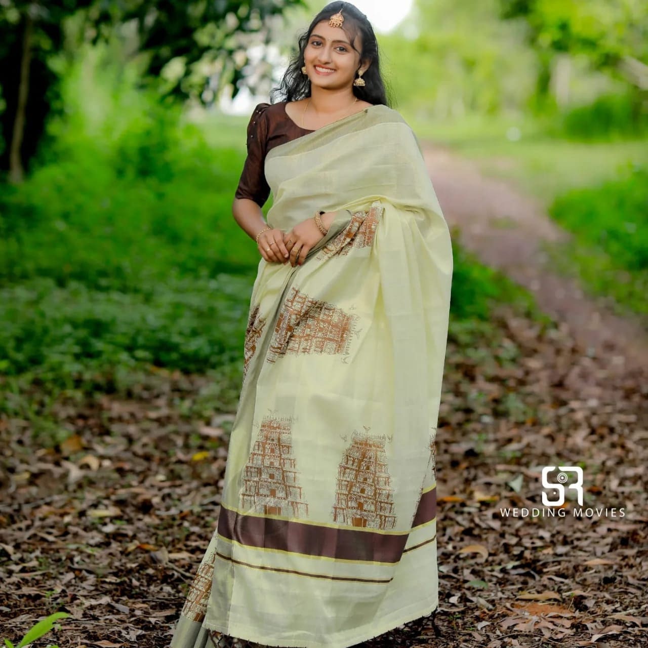 Kerala Golden tissue temple printed Saree, Stitched Blouse & Non Stitched /Handmade designs /Indian traditional, Onam,Party, Festival