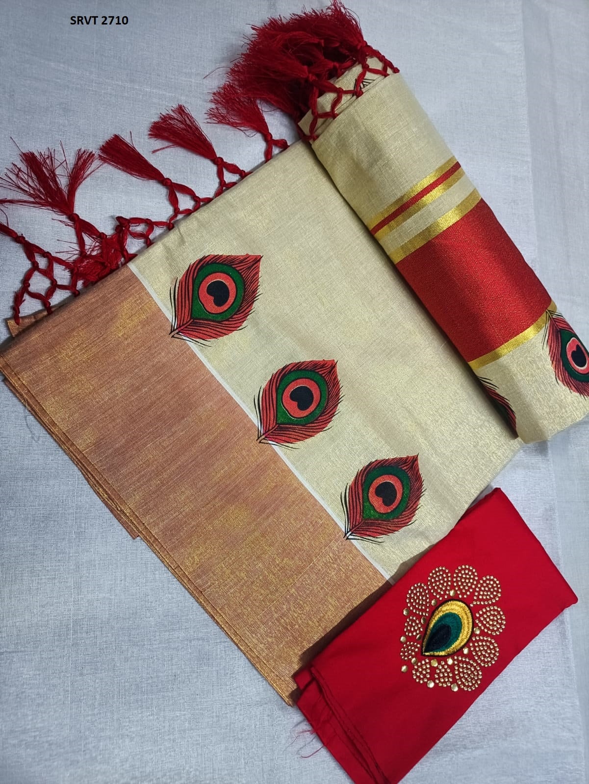 Peacock feather printed Golden border Women's Cotton Kerala Set Saree / Indian traditional women clothing/ Handmade design, Vishu Onam wear