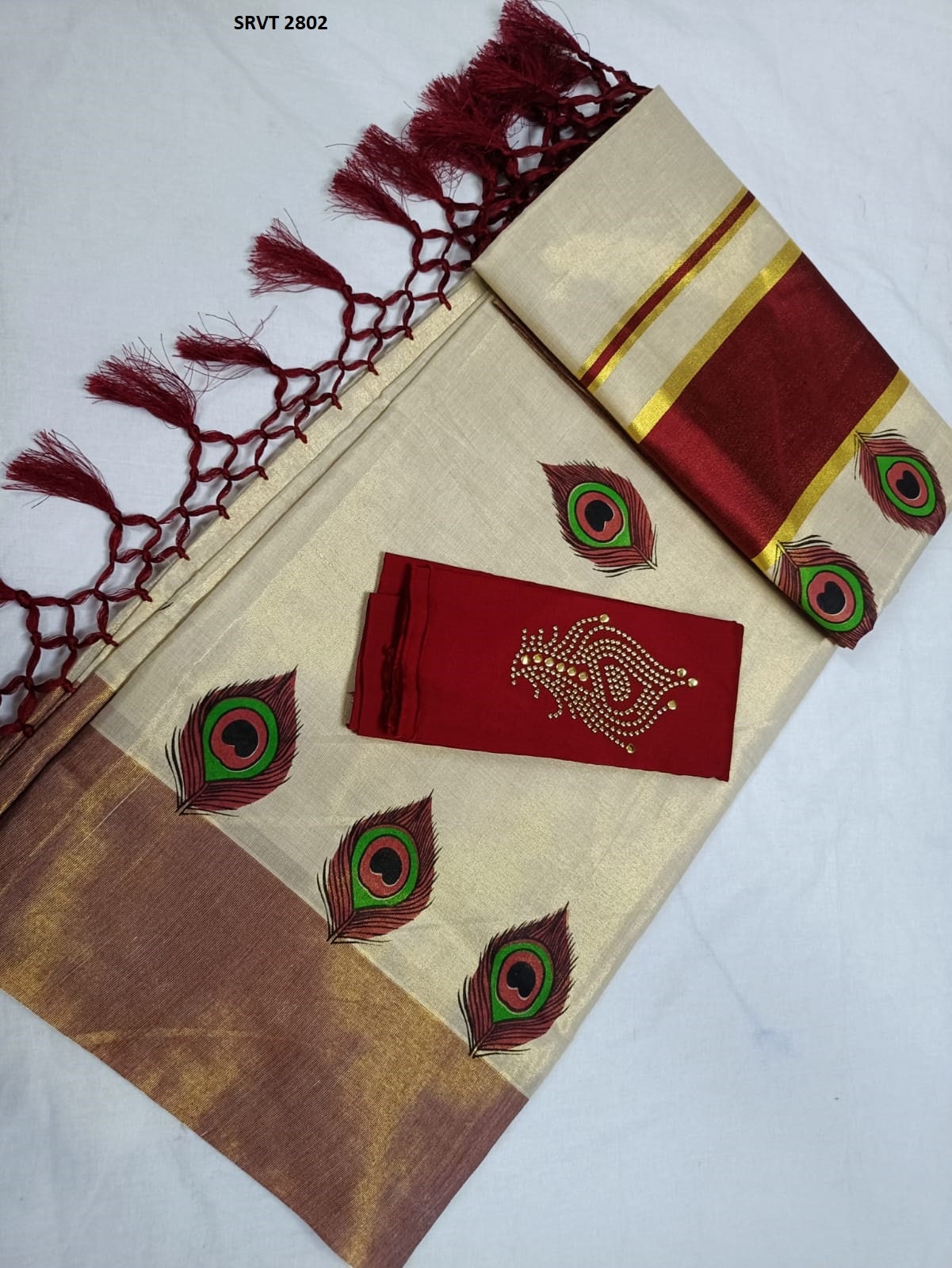 Peacock Feather printed Golden Border Women's Tissue Kerala Set Saree / Indian traditional women clothing/ Handmade design, Vishu Onam wear