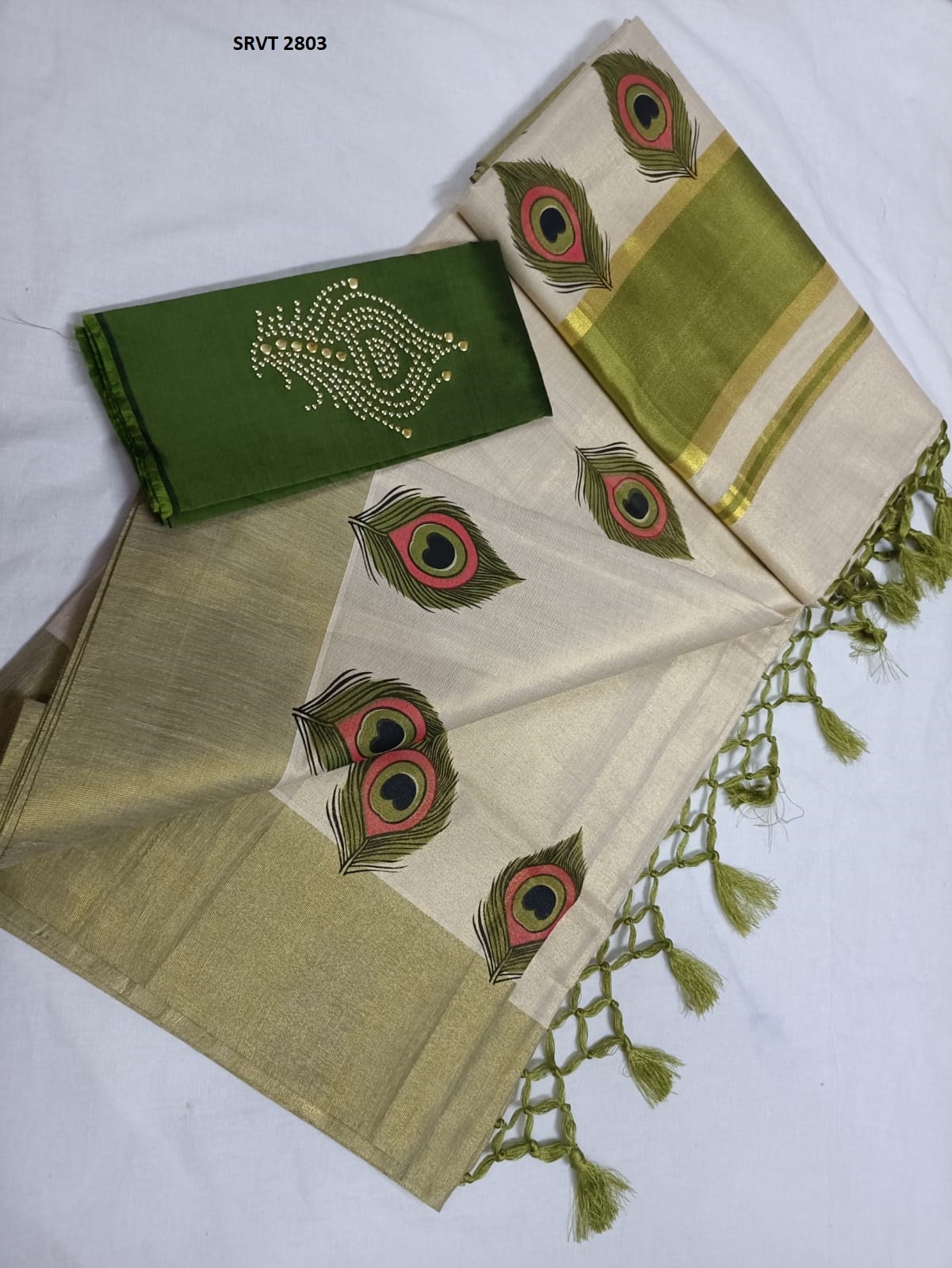 Peacock Feather printed Golden Border Women's Tissue Kerala Set Saree / Indian traditional women clothing/ Handmade design, Vishu Onam wear