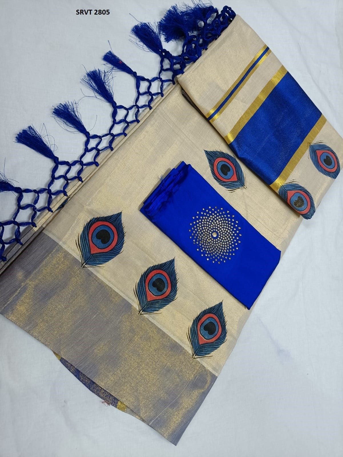 Peacock Feather printed Golden Border Women's Tissue Kerala Set Saree / Indian traditional women clothing/ Handmade design, Vishu Onam wear