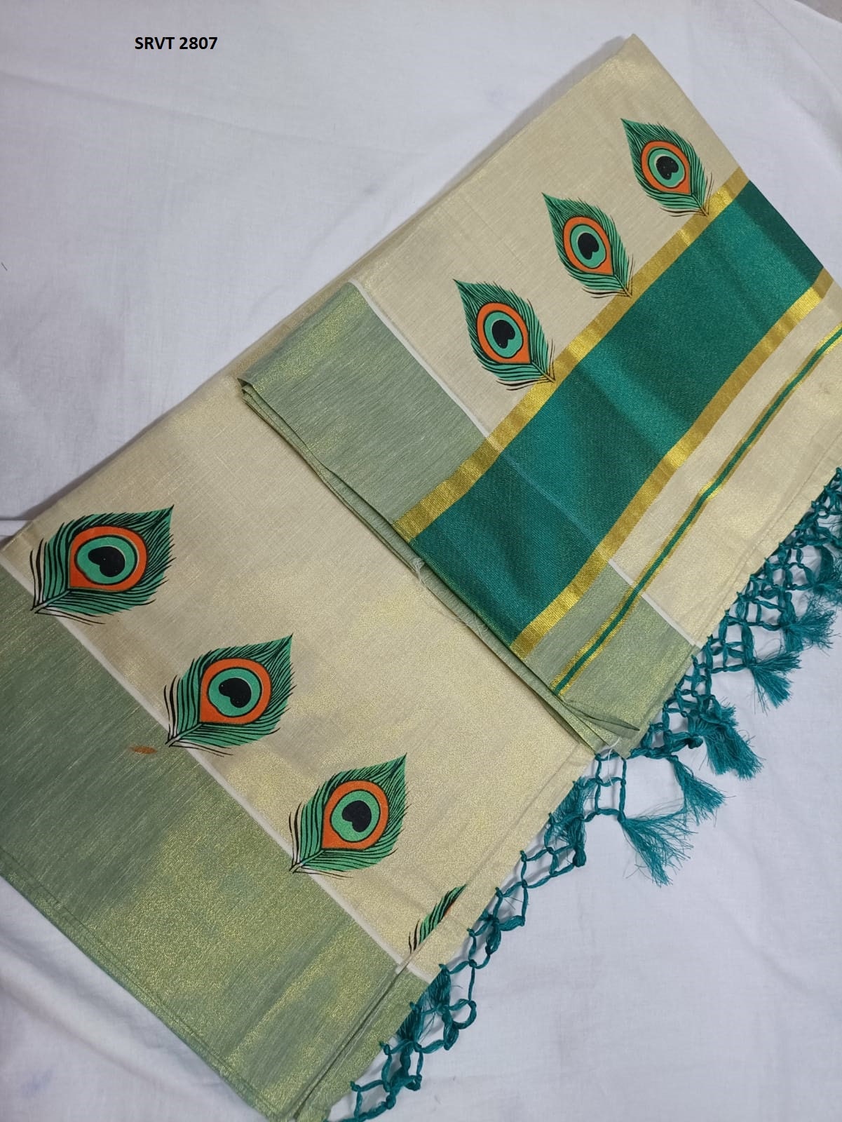 Peacock Feather printed Golden Border Women's Tissue Kerala Set Saree / Indian traditional women clothing/ Handmade design, Vishu Onam wear