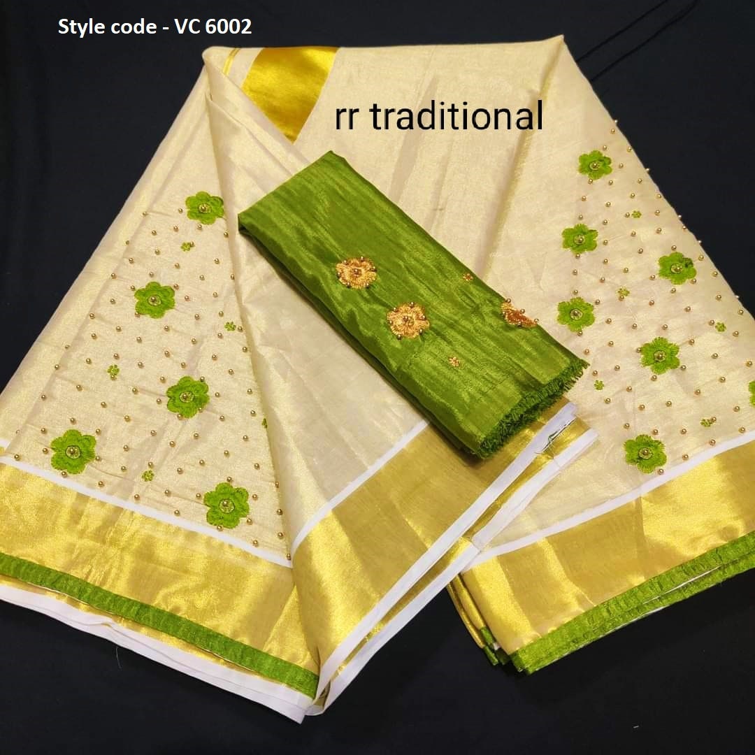 Kerala golden tissue Embroidery saree with Blouse material or ready to wear blouse Kerala, Onam, Vishu,Birthday