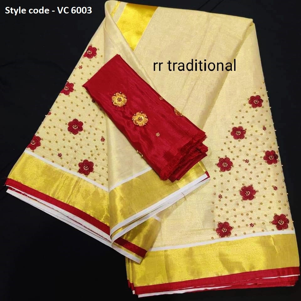 Kerala golden tissue Embroidery saree with Blouse material or ready to wear blouse Kerala, Onam, Vishu,Birthday